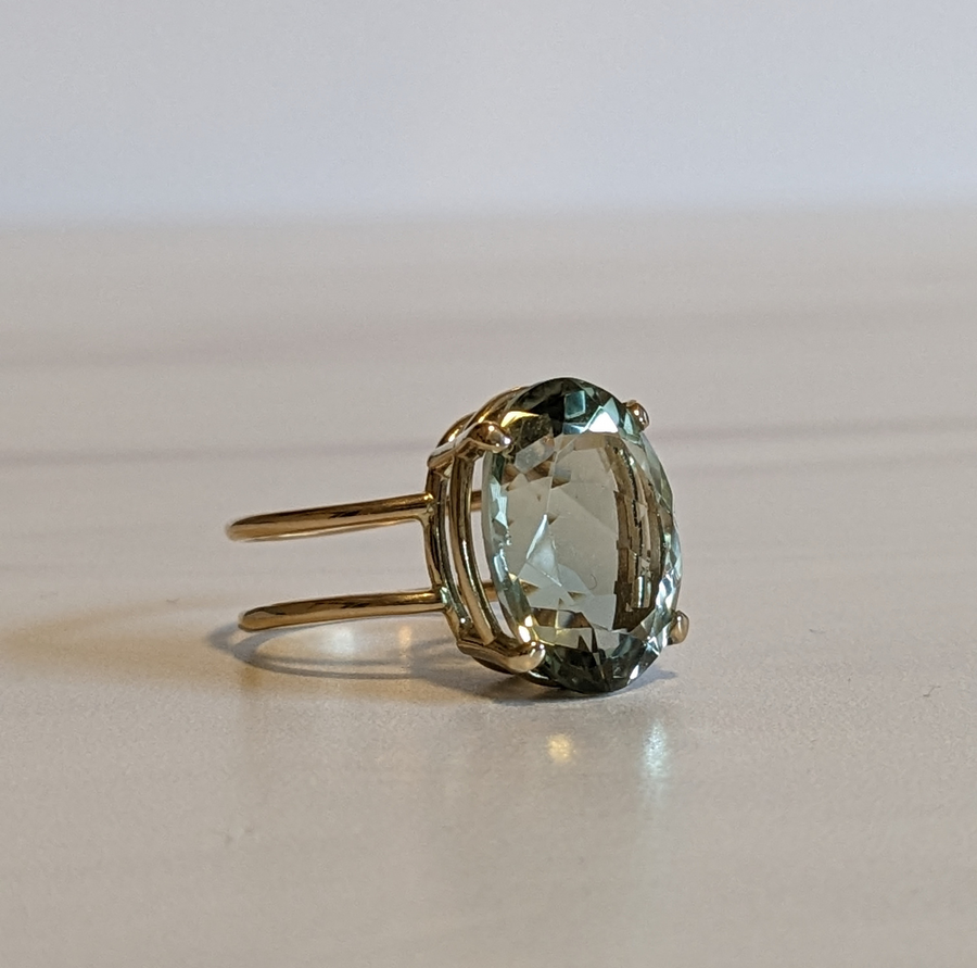 8.9cts 14KY Green Amethyst Oval Double Band Gold Ring