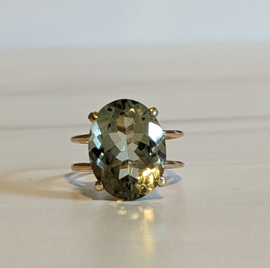 8.9cts 14KY Green Amethyst Oval Double Band Gold Ring