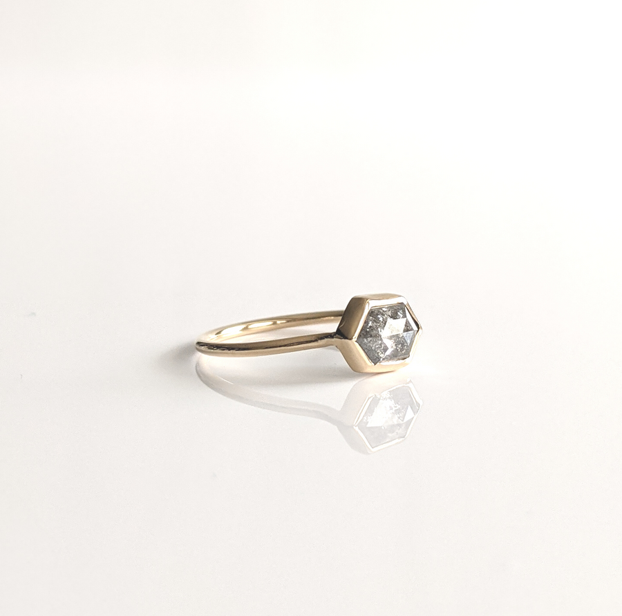 One-of-a-kind Hexagon Salt and Pepper Diamond Ring